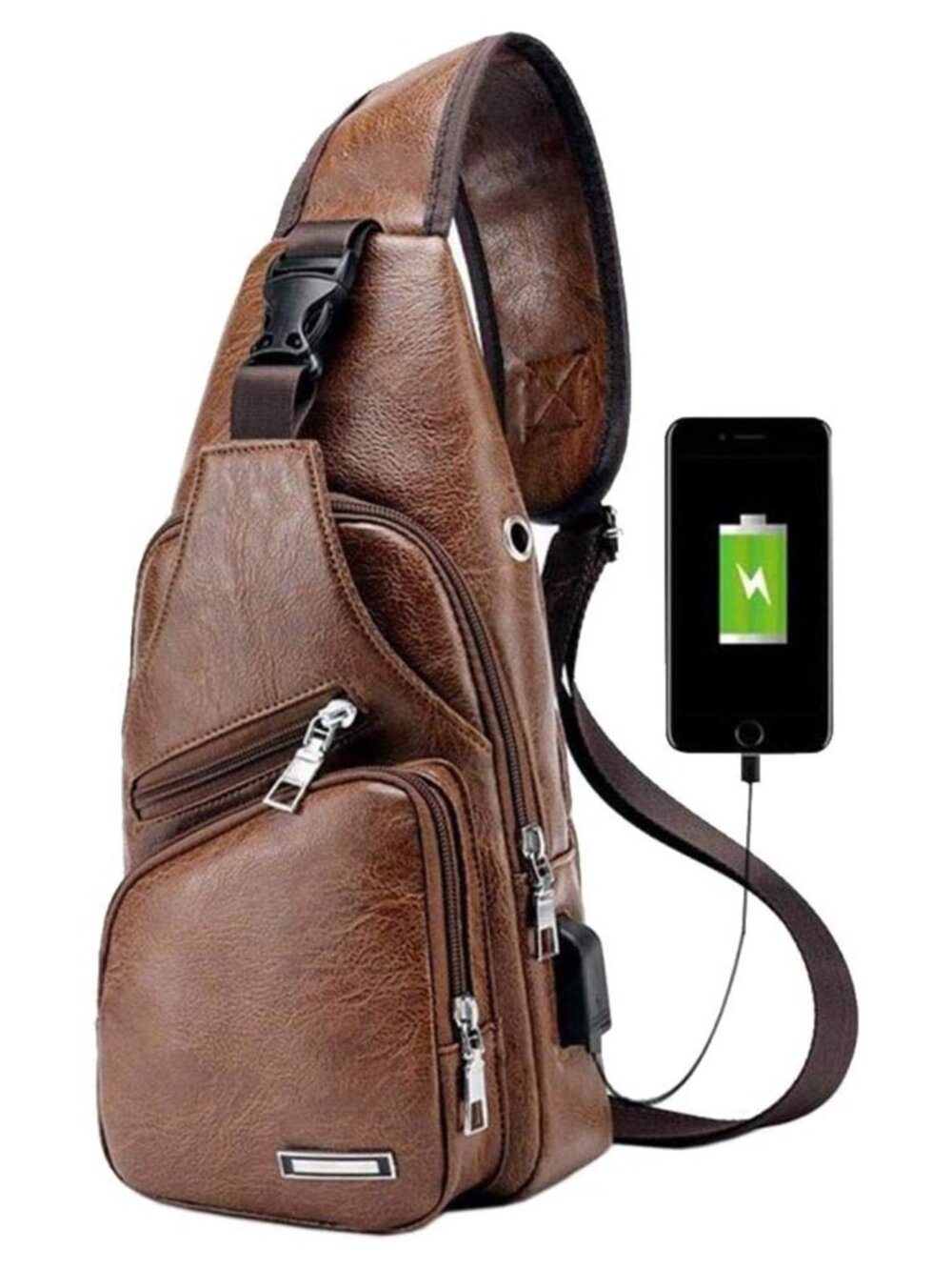 PU Leather Sling Bag Crossbody Backpack USB Charging Travel Daypack